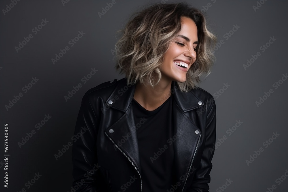 Portrait of a beautiful young woman in black leather jacket posing against grey background Portrait of a beautiful young woman in black leather jacket posing against grey background
