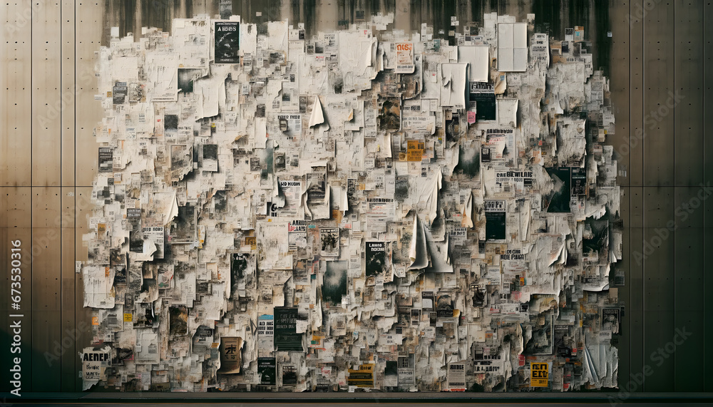 Collage of ripped and torn white posters overlapping on an urban wall, offering a creased texture in the style of advertising posters and propaganda