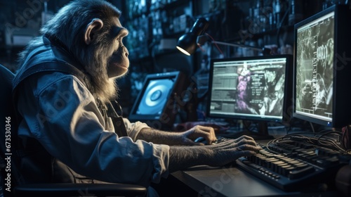 Monkey using computer, hacking cyber security data base on internet photo