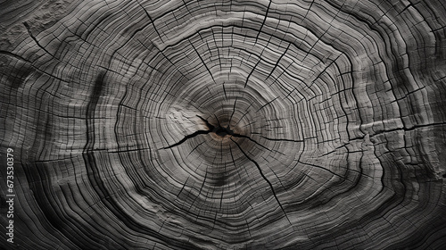 Close-up of warm gray cut wood texture in black and white, showcasing detailed age rings and natural grain of a tree stump