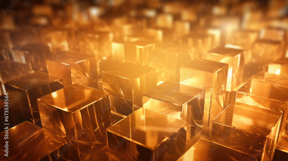 Abstract 3D gold crystal background with glass cubes and captivating light reflections. Abstract 3D gold crystal background with glass cubes and captivating light reflections.