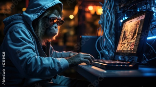 Monkey using computer, hacking cyber security data base on internet
