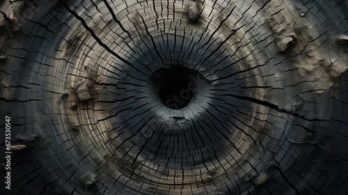 A cross-section of a tree stump featuring a burnt texture and a dark, spooky hole at the center