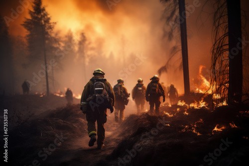 A team of dedicated firefighters works together to extinguish a raging forest fire, demonstrating heroism and teamwork in the face of danger. Forest fire fighting. Generative Ai. photo
