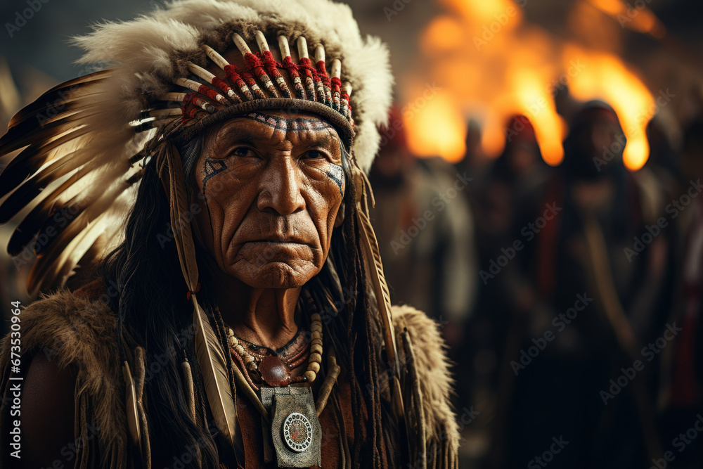 A solemn and dignified Native American elder imparts wisdom during a tribal gathering, a living link to the spiritual heritage of their people. Generative Ai.