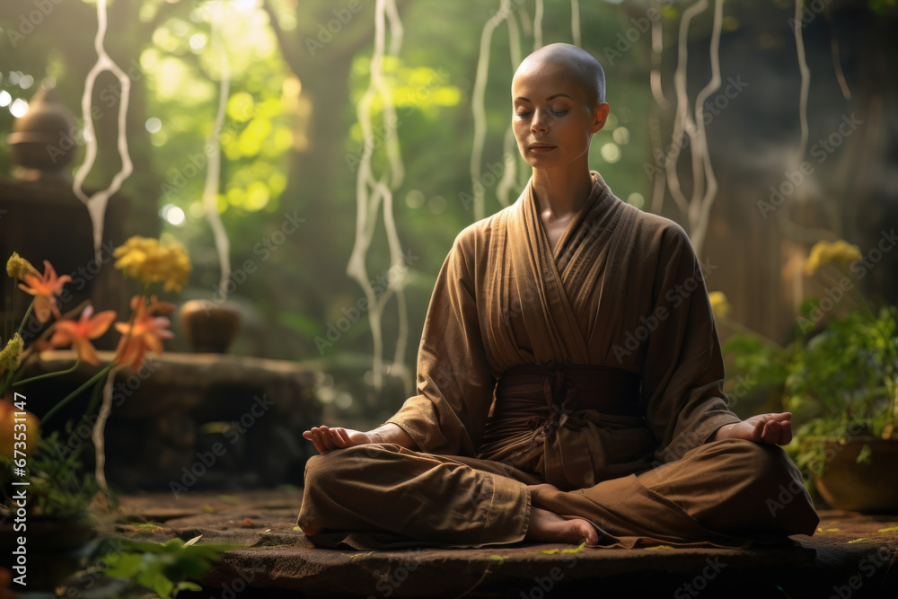 A serene and contemplative Buddhist nun meditates in a tranquil garden, embodying the peace and spirituality of her faith. Generative Ai. A serene and contemplative Buddhist nun meditates in a tranquil garden, embodying the peace and spirituality of her faith. Generative Ai.