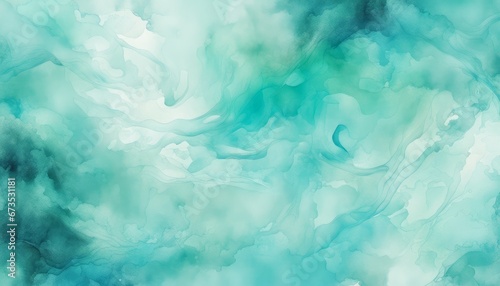 An abstract watercolor painting with a cool color scheme of blue, turquoise, teal, mint, cyan, and white. It has a bright and pastel look that can be used as an artistic background.