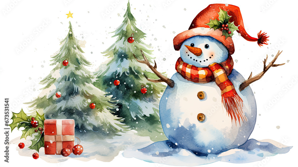 snowman with christmas tree ornament watercolor vector illustration