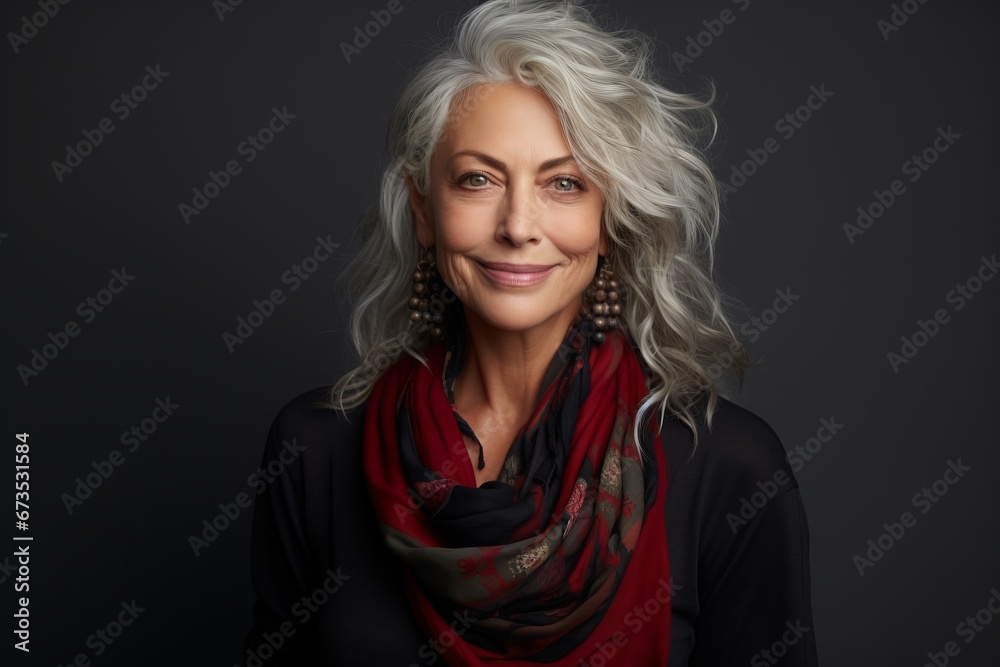 Portrait of a happy senior woman with gray hair and red scarf.
