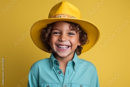 Portrait of a smiling little boy in a yellow hat on a yellow background © Inigo
