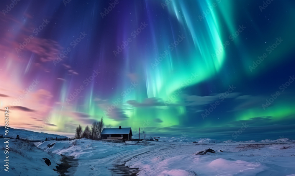 Dramatic landscape with beautiful Northern Lights, Aurora borealis light show in the sky