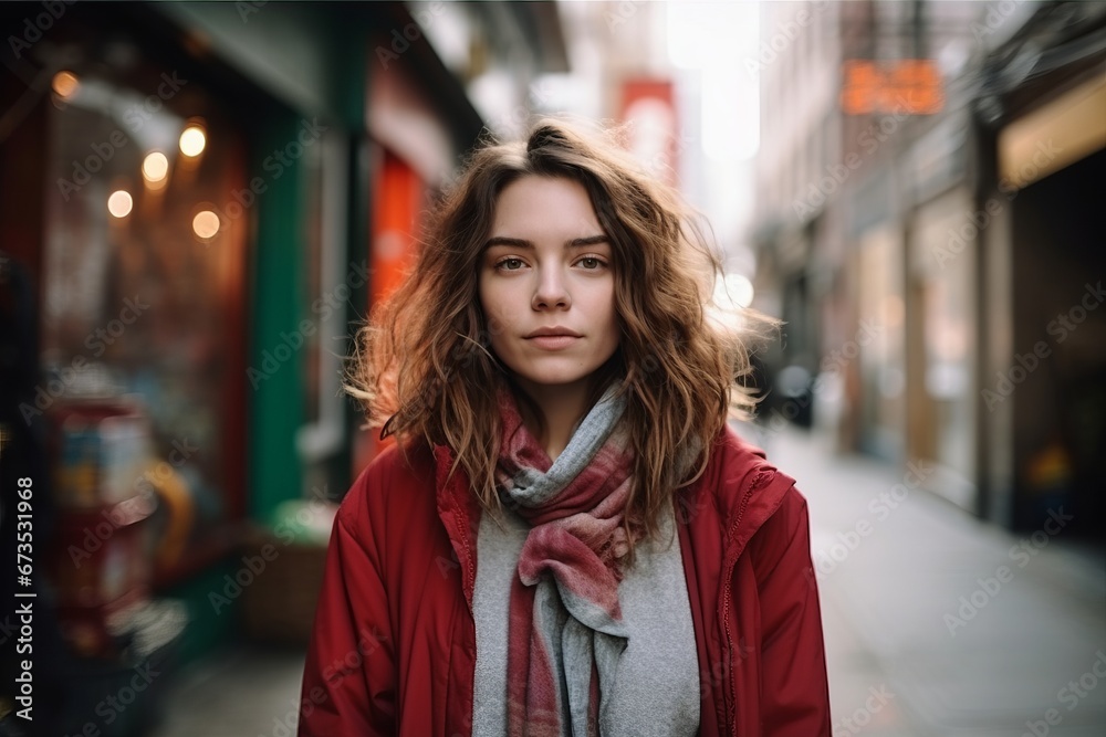 Portrait of a beautiful young woman on a city street in winter