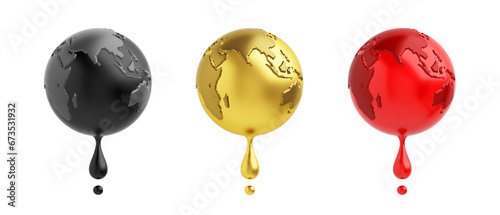Symbol objects of globe and water drops are melting in the concept is Drops of black crude oil, drops of gold, drops of blood. PNG file type. 3D Illustration. photo