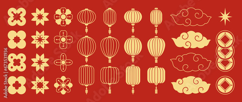 Chinese New Year Icons vector set. Chinese paper lantern, cloud, coin, flowers and red lamp isolated icons of Asian Lunar New Year holiday decoration vector. Oriental culture tradition illustration.
