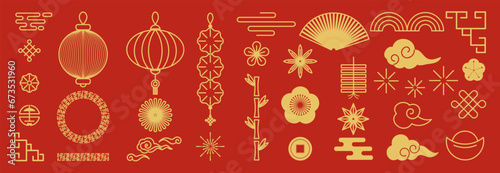 Chinese New Year Icons vector set. Chinese paper lantern, bamboo, fan, cloud, flower isolated icons of Asian Lunar New Year holiday decoration vector. Oriental culture tradition illustration.