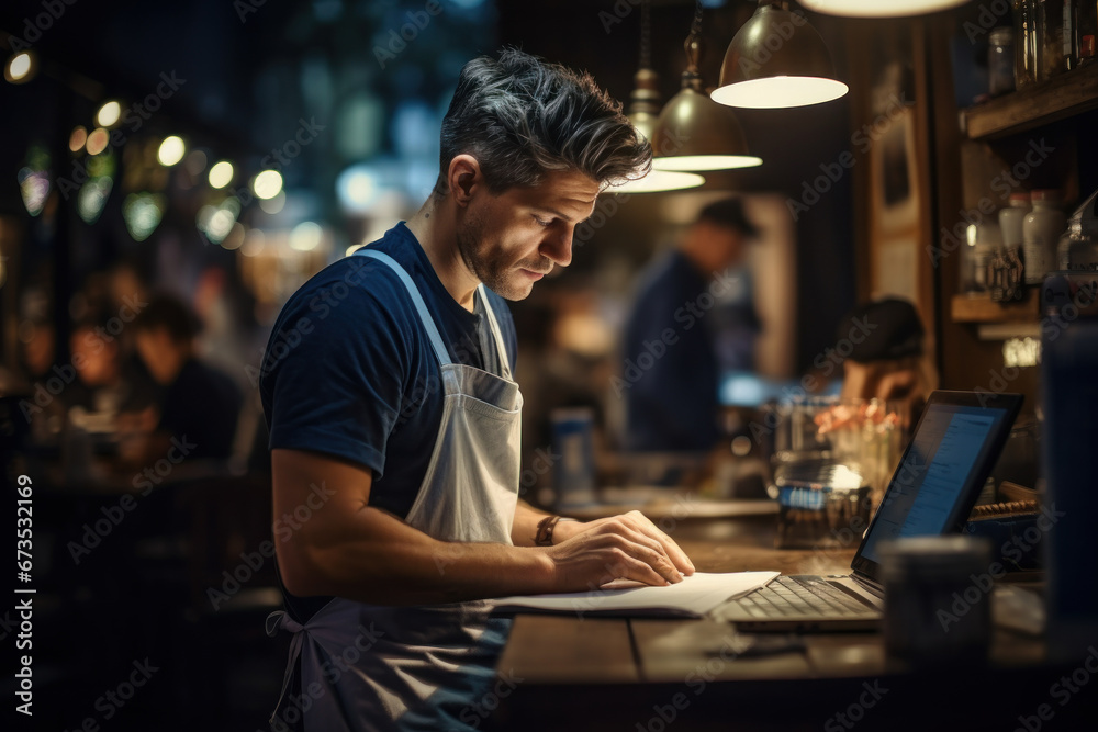 A determined small business owner works late into the night, demonstrating the dedication required to make a startup flourish. Generative Ai. A determined small business owner works late into the night, demonstrating the dedication required to make a startup flourish. Generative Ai.