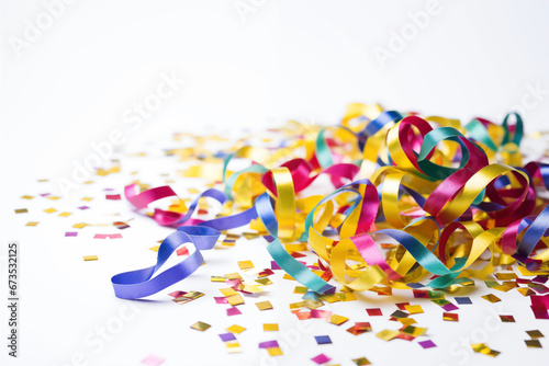 Confetti, Streamers and Ribbons on an isolated white background for celebration, parties and festive occassions