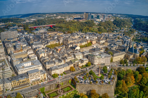 Fototapeta Naklejka Na Ścianę i Meble -  Aerial View of the Capitol of Luxembourg during early Autumn