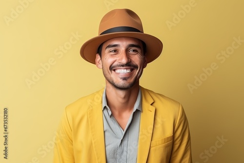 Portrait of a happy young man wearing hat and jacket on yellow background
