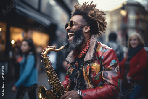 A street performer playing a lively tune on a saxophone, spreading joy to passersby with his music. Concept of artistic expression and happiness. Generative Ai.