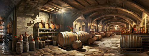wine cellar with barrels. AI generated.