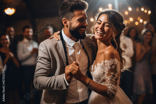A newlywed couple sharing a cheerful dance at their wedding reception, capturing the happiness of love and commitment. Concept of marriage and celebration. Generative Ai.