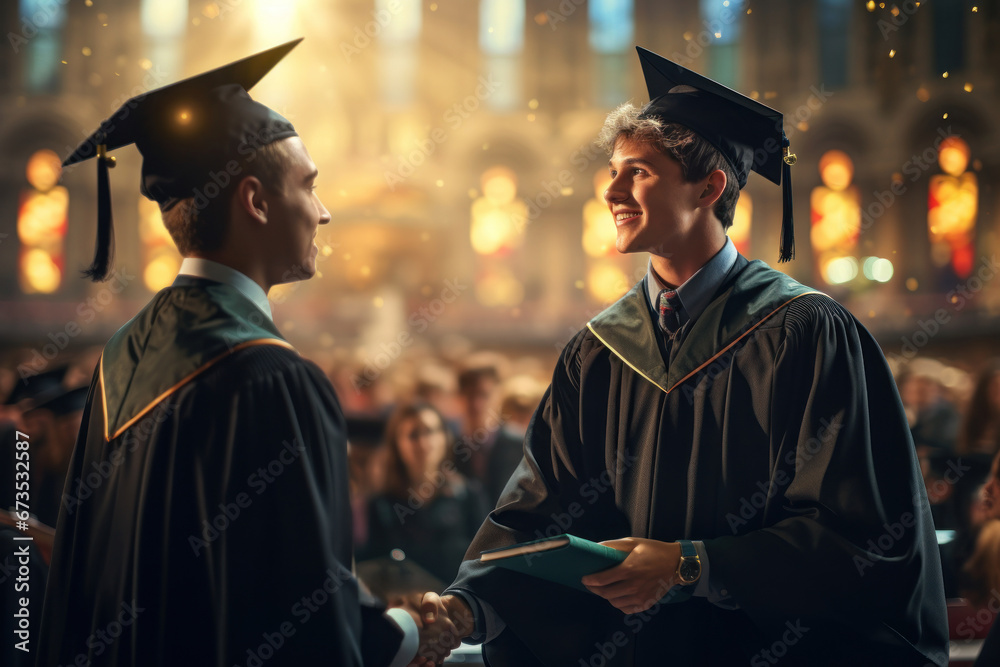 Obraz premium A student receiving a diploma on graduation day, radiating the happiness of academic achievement. Concept of education and success. Generative Ai.