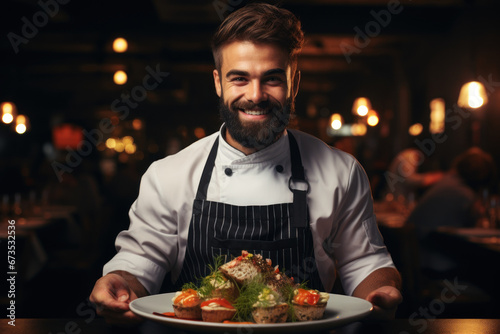 A chef proudly presenting a beautifully plated dish  showcasing the happiness of culinary craftsmanship. Concept of gastronomy and gourmet cuisine. Generative Ai.