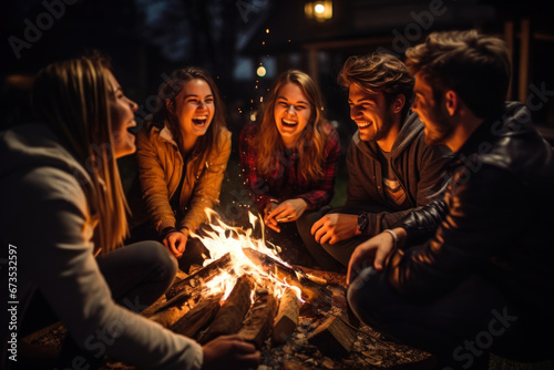 A group of friends huddled around a bonfire, roasting marshmallows and sharing stories with laughter. Concept of togetherness and campfire camaraderie. Generative Ai. © Sebastian