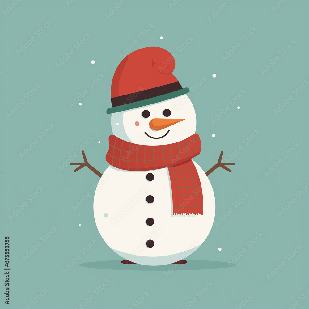A minimalist snowman with hat and scarf. Flat clean illustration style