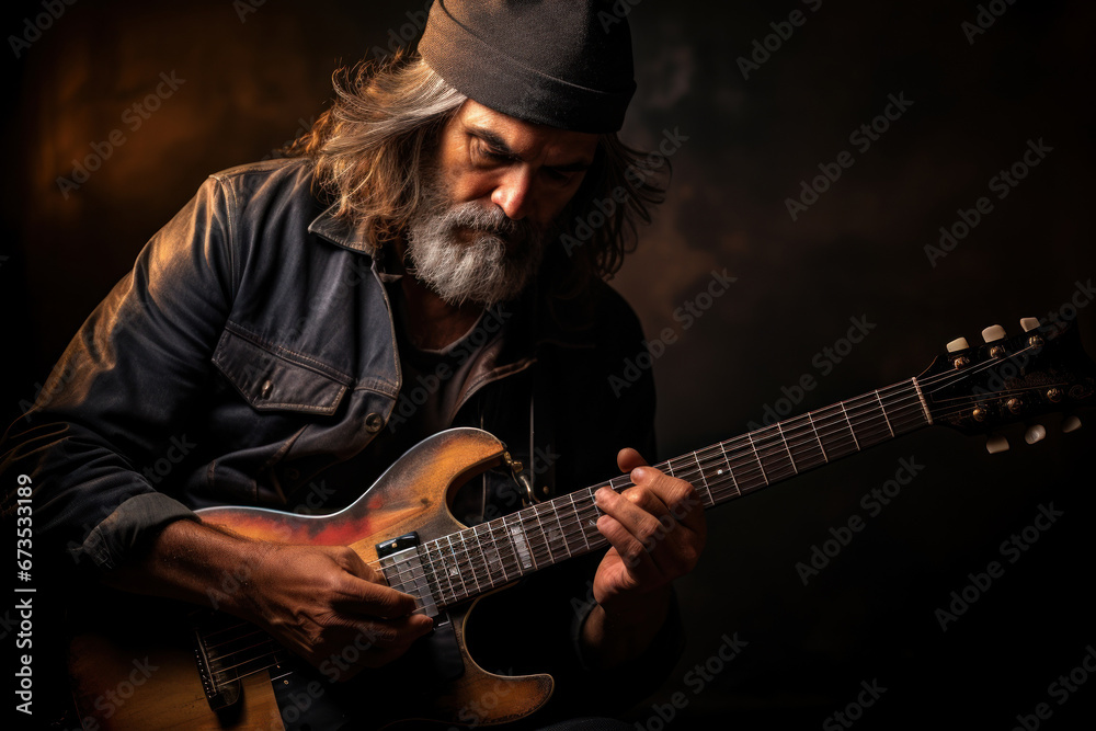 Obraz premium A musician with a melancholic expression, playing a soulful tune on their guitar. Concept of music and emotional expression. Generative Ai.