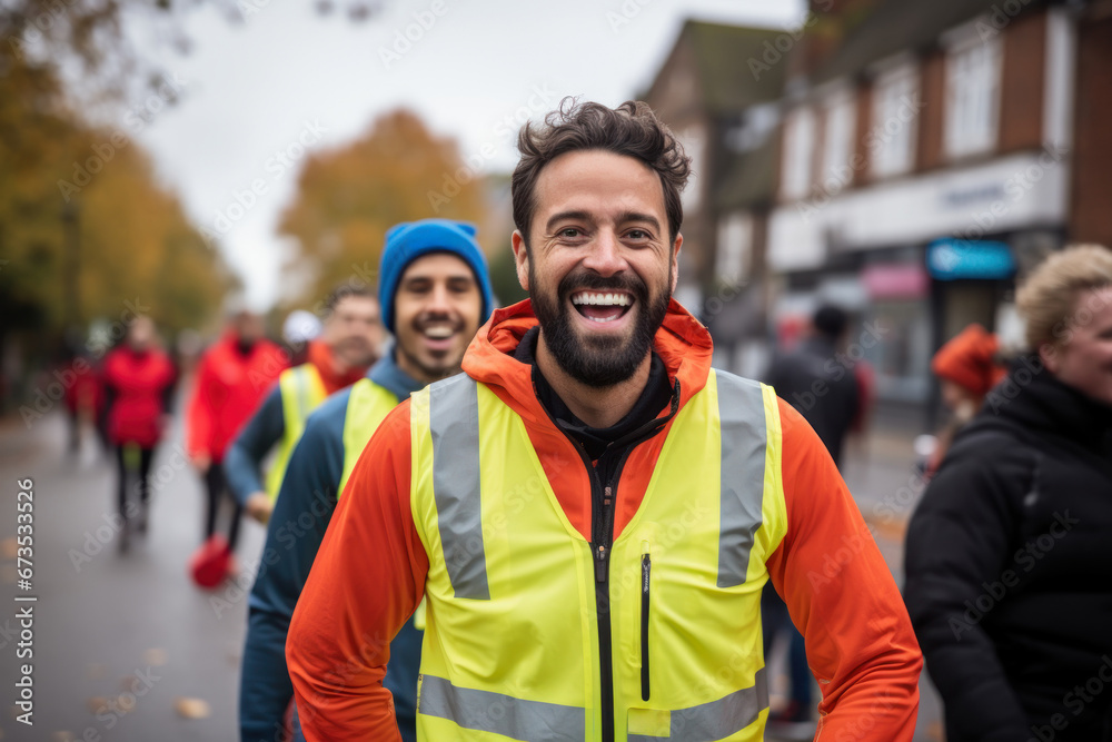 A delighted executive showcases a vibrant smile while participating in a charity run, promoting corporate social responsibility. Concept of philanthropy and community engagement. Generative Ai. A delighted executive showcases a vibrant smile while participating in a charity run, promoting corporate social responsibility. Concept of philanthropy and community engagement. Generative Ai.