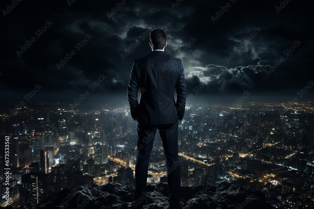 Successful businessman standing on the top of the mountain and contemplating at the night city Successful businessman standing on the top of the mountain and contemplating at the night city