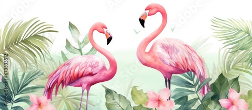 A seamless pattern featuring tropical elements like watercolor flamingos and palm trees presented in a watercolor illustration The illustration showcases the beauty of the tropical wildlife