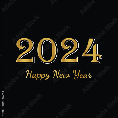 2024 Happy New Year. Christmas greeting card with golden ribbon. Happy New Year and Merry Christmas card or poster. Black background with gold elements.