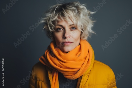 Portrait of middle aged woman with short wavy blond hair and orange scarf