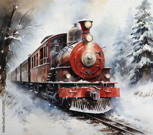 watercolor old locomotive train