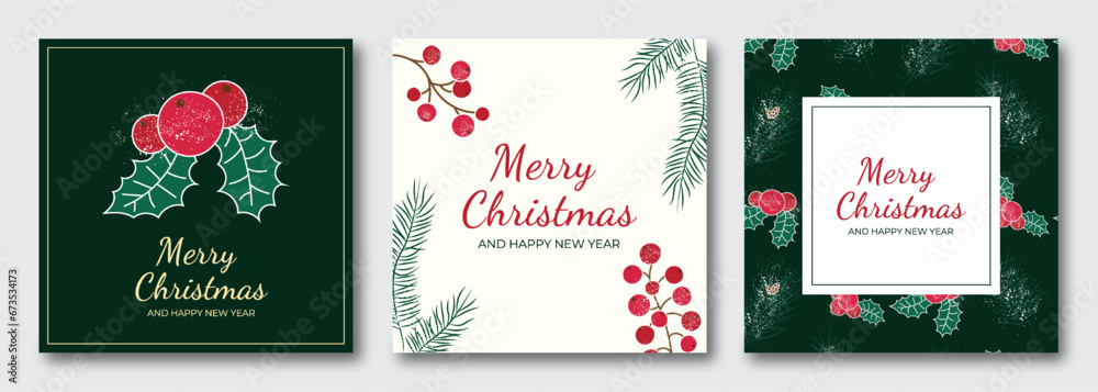 Naklejka premium Set of Christmas and New Year greeting cards. Vector illustration concepts for graphic and web design, social media banner, marketing material. Christmas element pattern ornaments. 