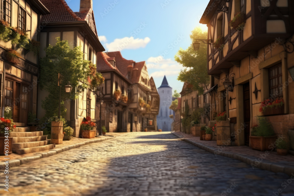 A charming cobblestone street in a historic European town. Concept of cultural heritage and travel. Generative Ai.
