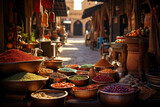 An Arabian bazaar with colorful textiles, spices, and bustling market activity. Concept of cultural diversity and trade. Generative Ai.