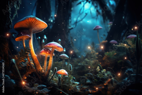An enchanted forest at twilight, with fireflies and glowing mushrooms. Concept of fantasy and mysticism. Generative Ai.