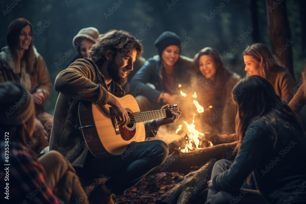 A musician strumming a guitar by a campfire, serenading friends under the stars. Concept of music and camaraderie. Generative Ai. A musician strumming a guitar by a campfire, serenading friends under the stars. Concept of music and camaraderie. Generative Ai.