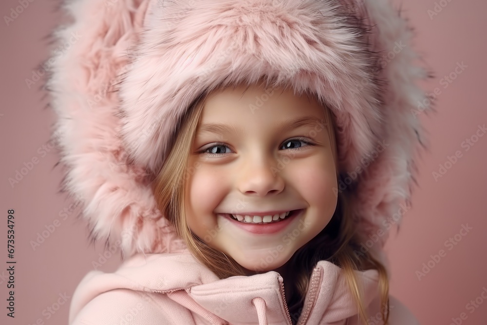 Portrait of a smiling little girl in a pink fur hat. Portrait of a smiling little girl in a pink fur hat.