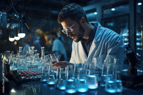 A scientist in a lab coat conducting groundbreaking experiments in a high-tech laboratory. Concept of scientific research and innovation. Generative Ai.