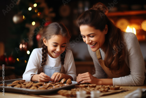A mother and daughter baking cookies together  sharing quality time and family traditions. Concept of bonding and generational love. Generative Ai.