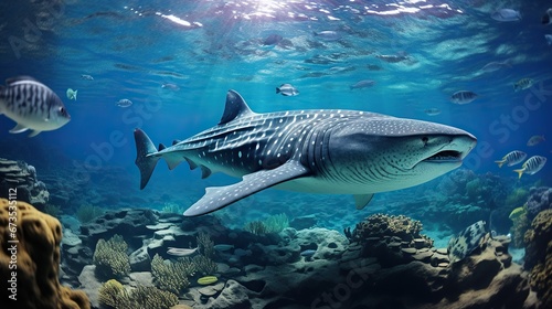 Panorama underwater, whale shark in blue sea clear water © Hanasta