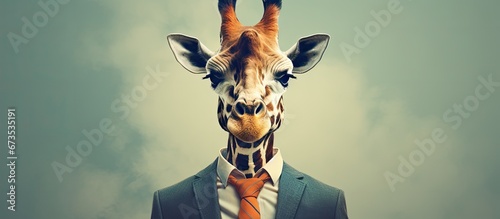 Giraffe dressed in attire Individual possessing a giraffe s head Vintage style graphic concept with a gentle oil painting aesthetic