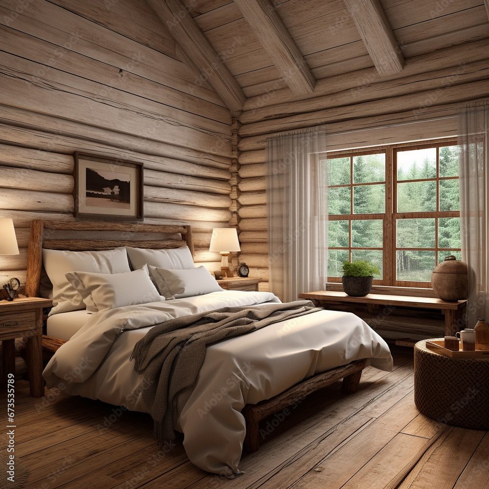 Log home bedroom