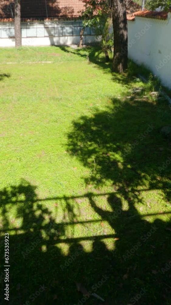 Enjoy a tranquil backyard oasis, enclosed by white walls and tiled rooftops. Slow-motion captures the shadow of a shirtless young man doing pull-ups amidst dappled tree shadows on a sunny day. Enjoy a tranquil backyard oasis, enclosed by white walls and tiled rooftops. Slow-motion captures the shadow of a shirtless young man doing pull-ups amidst dappled tree shadows on a sunny day.