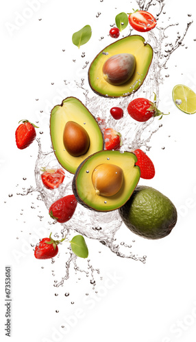 Avocado, Strawberry, Tomato, Lime with Water Splashes, Transparent Background, PNG, Fresh Ingredients Mix